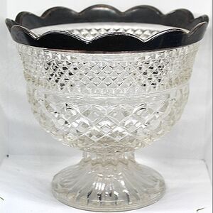 Vintage Anchor Hocking Wexford Pedestal Cut Crystal Bowl with Scalloped Sterling